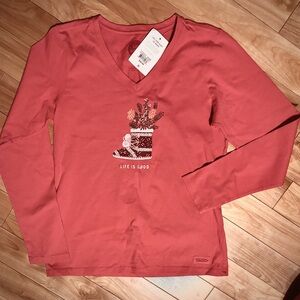 Life Is Good Women’s S V-Neck Pink Long Sleeve Tee